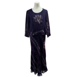 Vintage Carol Anderson Silk Maxi Dress Sheer Overlay Floral Purple M